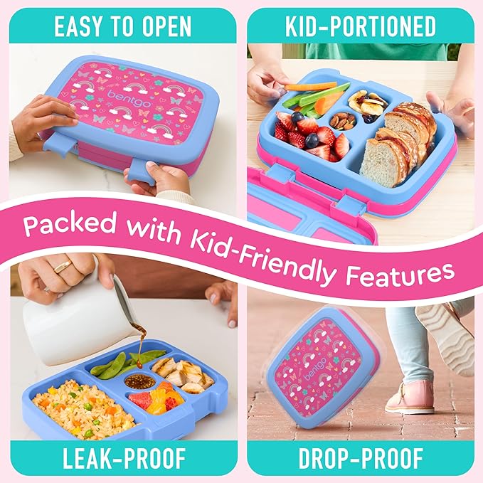 Bentgo Kids Prints Leak-Proof, 5-Compartment Bento-Style Kids Lunch Box - Ideal Portion Sizes for Ages 3-7, Durable, Drop-Proof, Dishwasher Safe, & PFAS & BPA-Free Materials (Rainbows & Butterflies)
