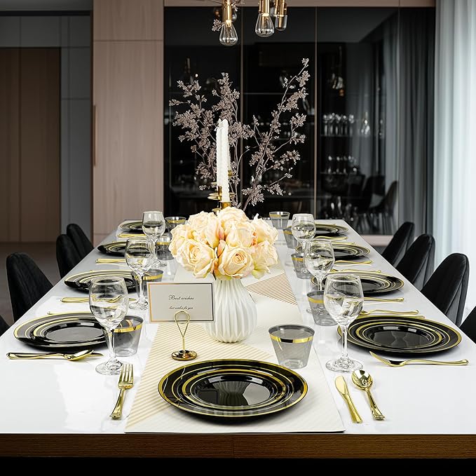 Plates: Black and Gold Disposable Set, 350 Pieces for 50 Guests