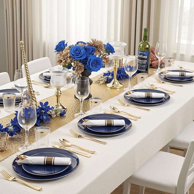 Plastic Plates for 50 Guests in Navy Blue with Gold Trim