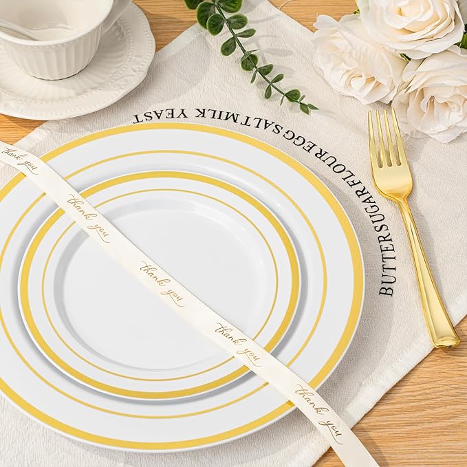 Plastic Plates Set with Gold Rims, 10.25 and 7.5 Inch, for 100 Guests