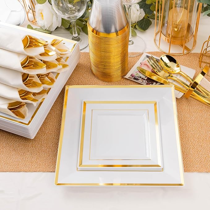 Plates Set, Gold Square Plastic, 352 Pieces for 50 Guests