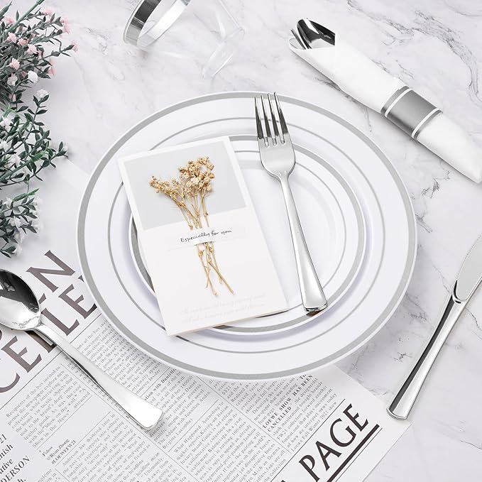 Plastic Party Dinnerware Set, 175 Pieces, White with Gold Rims