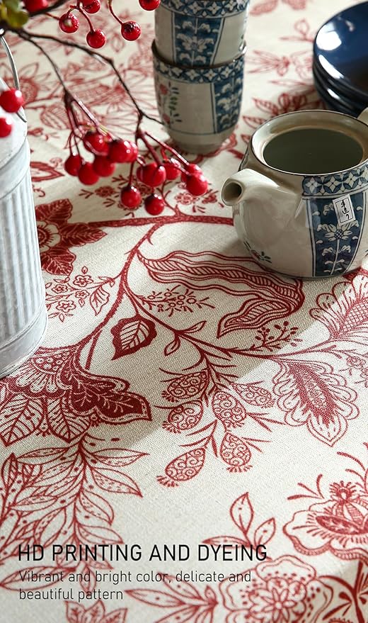 Round Tablecloth, 67 Inch Linen-Polyester Blend, Red Floral
