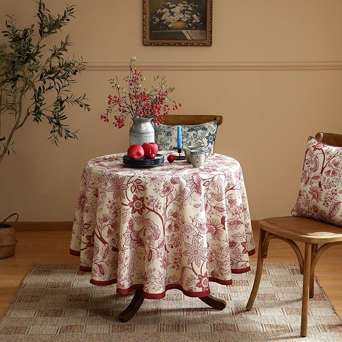 Round Tablecloth, 67 Inch Linen-Polyester Blend, Red Floral
