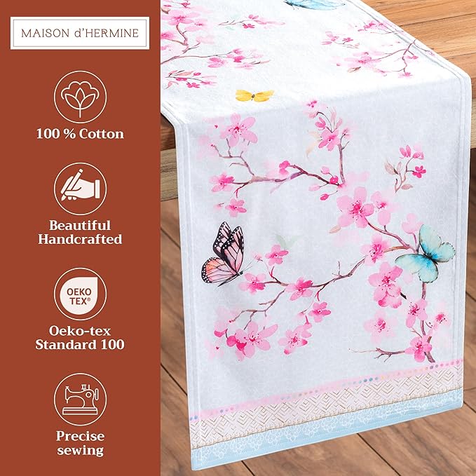 Table Runner, Cotton Double Layer, 14.5 x 108 Inches, Blossoms in Spring