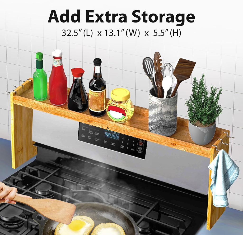 Spice Rack Shelf Over Stove, 31.5 Inch Bamboo with 6 Hooks