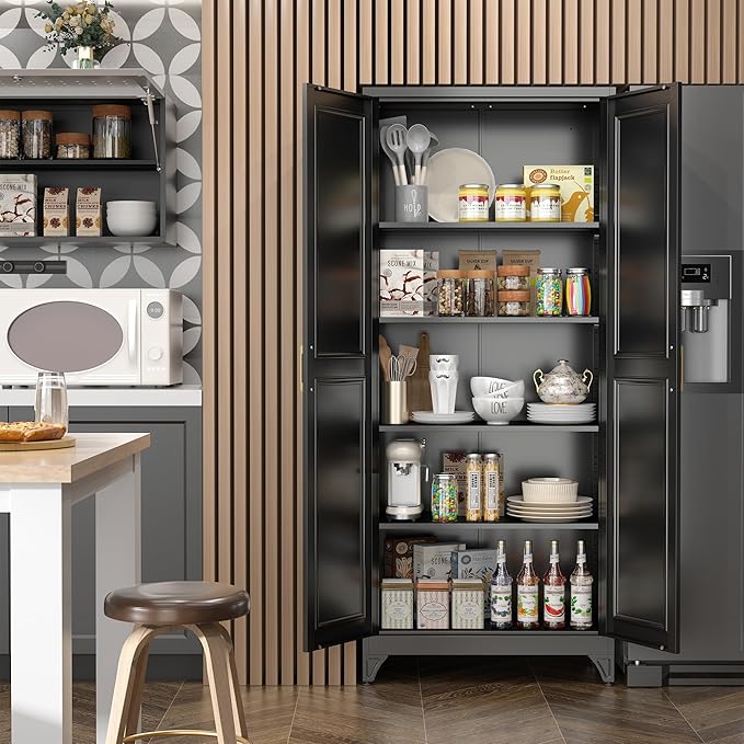 Black Metal Pantry Cabinet, 75-Inch Tall with 4 Adjustable Shelves