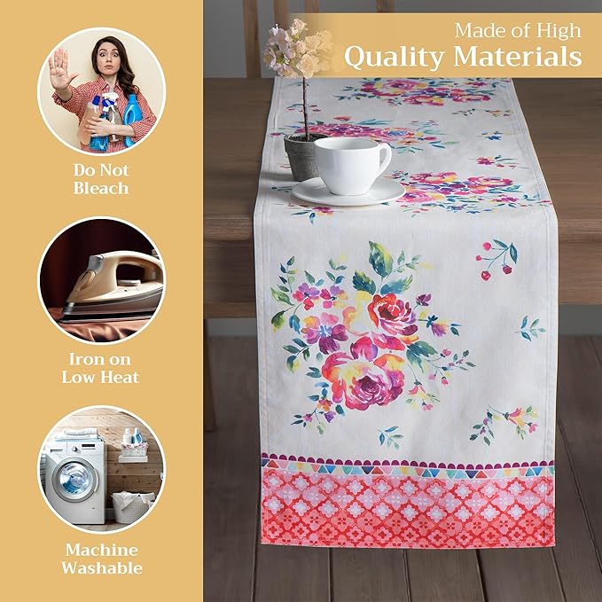 Table Runner, 100% Cotton, 14.5 x 72 Inch Double Layer, Rose Garden