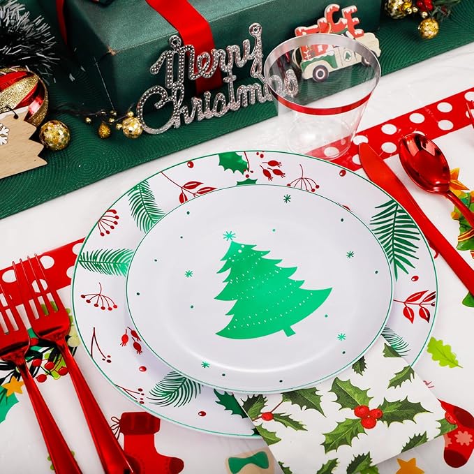 Disposable Christmas Plates Set, Green Tree Pattern, 176 Pieces