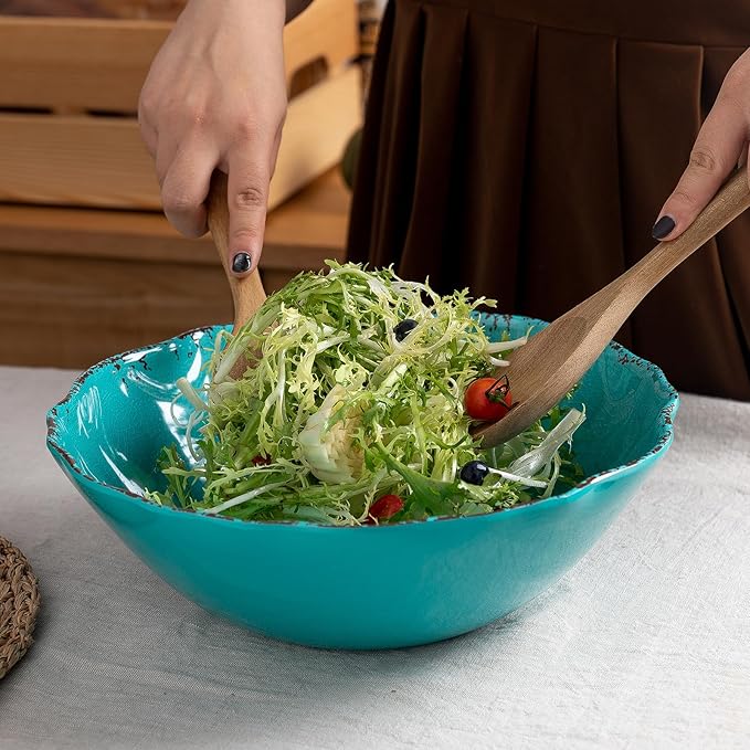Serving Bowls Set of 2, Teal Melamine, 12-Inch Farmhouse Salad Bowls