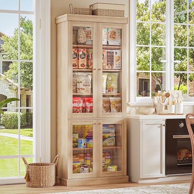70.8" Tall Farmhouse Bookshelf, Modular Bookcase with Glass Doors, 6-Tier Adjustable Shelves, Large Storage Cabinet for Kitchen, Living Room, Brown, Set of 2