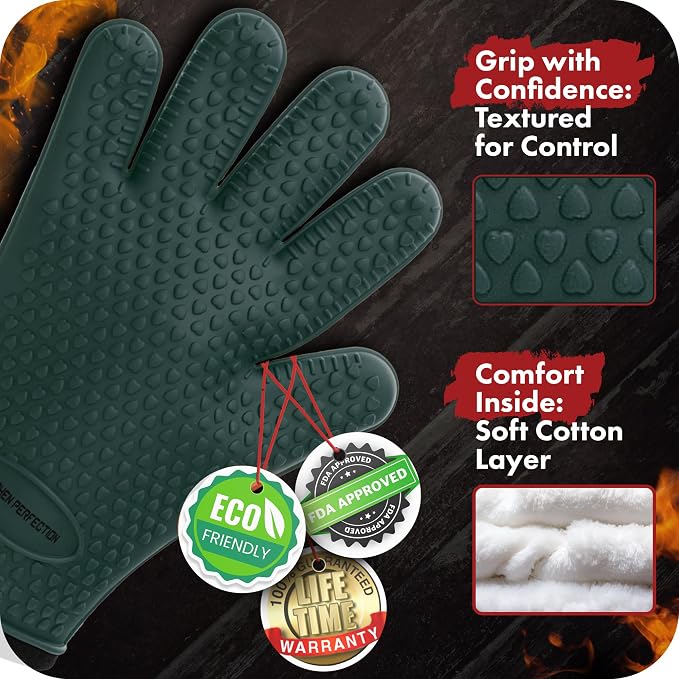Protective Mitts Potholders - Silicone Smoker Gloves in Dark Green