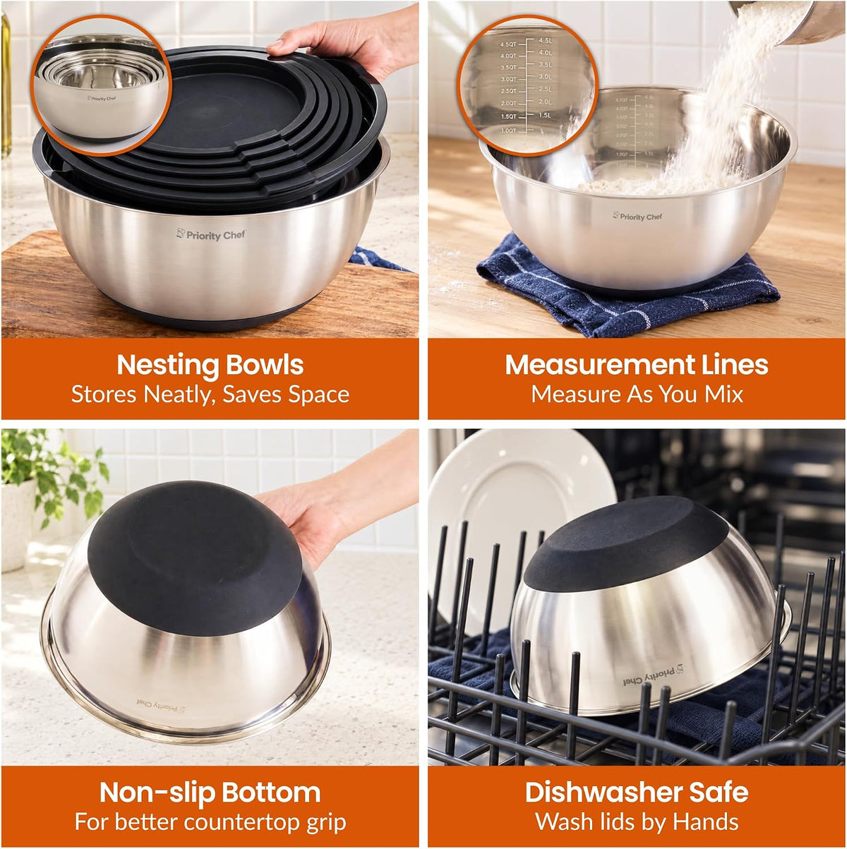 Premium Mixing Bowls with Airtight Lids Set, Thicker Stainless Steel, Black – set view