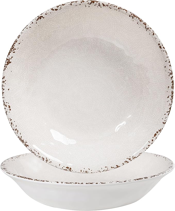 Serving Bowls 2-Pack, 13.75-Inch Ivory Melamine with Rustic Crackled Finish