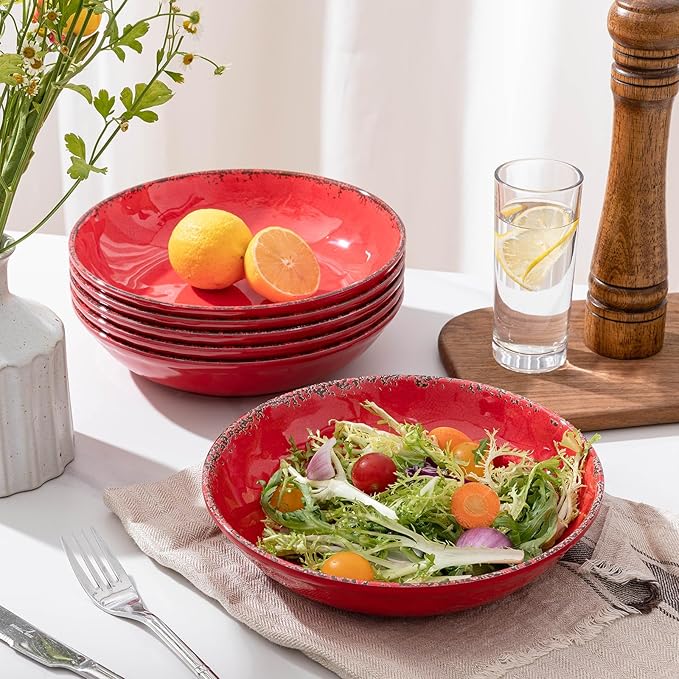 Pasta Bowls, 9-Inch Melamine Farmhouse Set of 6 in Antique Red