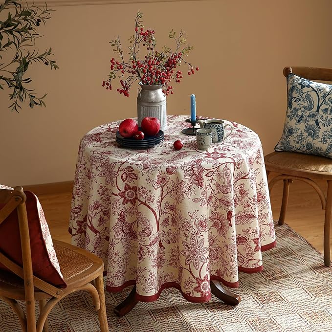 Round Tablecloth, 67 Inch Linen-Polyester Blend, Red Floral