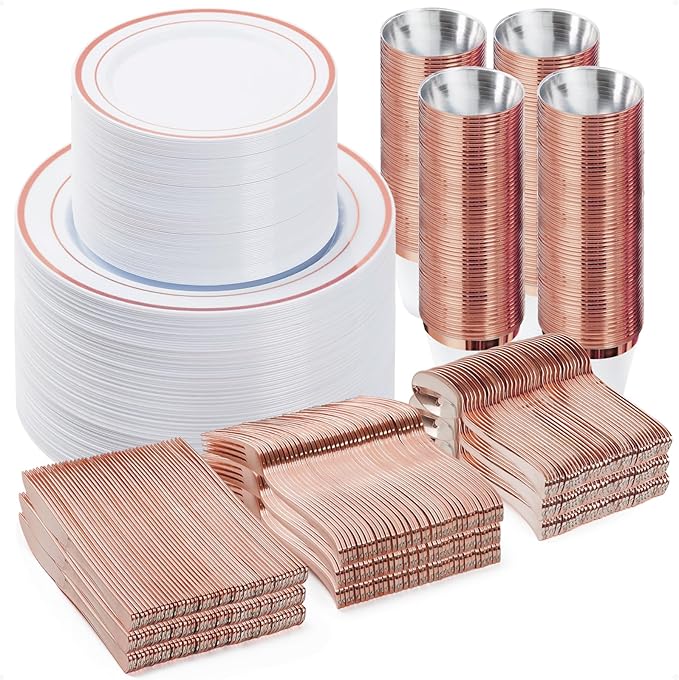 Plastic Party Plates Set, 600 Pieces for 100 Guests in Rose Gold