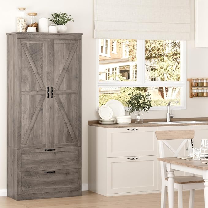 Ash Grey Pantry Cabinet, 70-Inch Tall with Barn Doors and Drawers