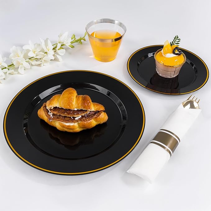 Disposable Plastic Plates Set, Black and Gold, 175 Pieces, Serves 25