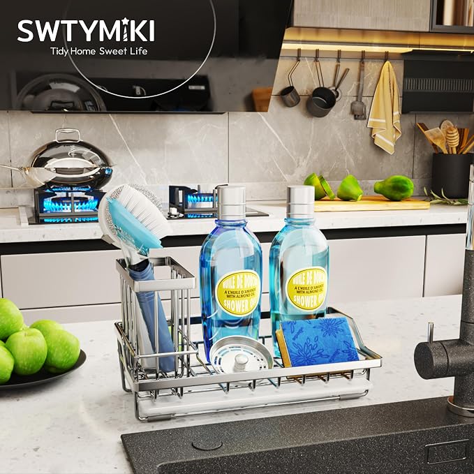 Kitchen Sink Caddy with Drip Tray, Stainless Steel Sponge Holder, Silver