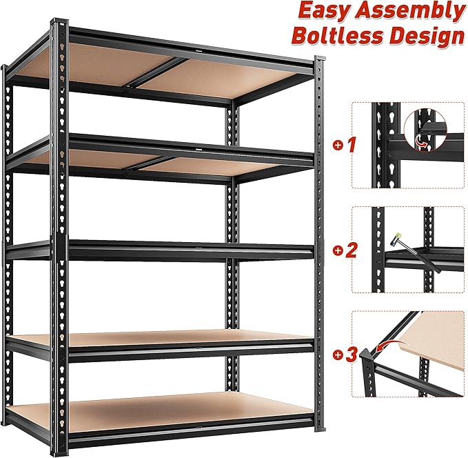 Standing Shelf Unit, 5 Tier, 72 Inch Tall, Black Metal, 2400 lb Capacity