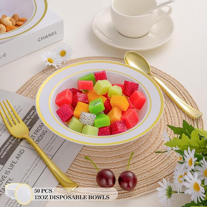 Disposable Bowls 12oz, 50 Count, White with Gold Rim