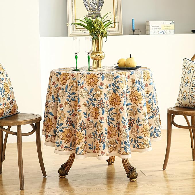 Round Tablecloth, 55 Inch Floral Linen-Blend, Wrinkle-Resistant