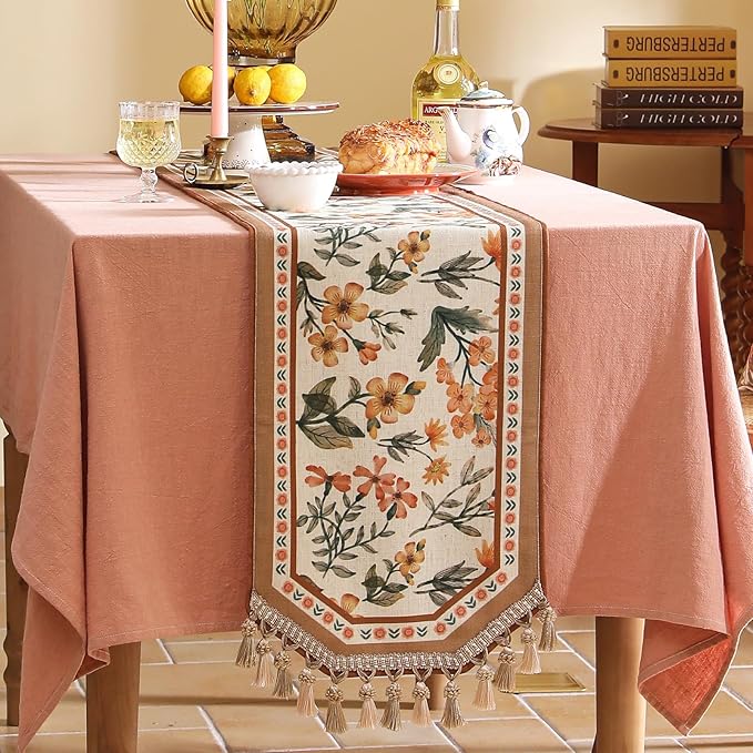 Table Runner 12 x 87 Inch Floral Pattern, Coffee Linen-Polyester Blend