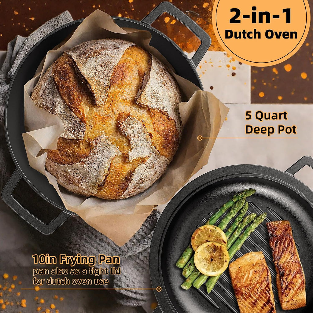 Cast Iron Dutch Oven Pot with Skillet Lid – Pre-Seasoned – Skillet Lid Cooking – features