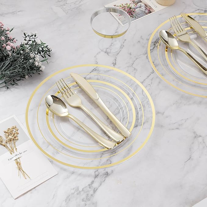Disposable Plastic Plates Set for 25 Guests with Clear Gold Rim