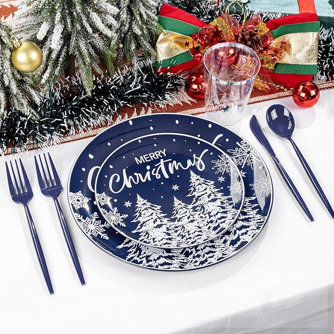 Plates Set, 150 Pieces, Blue Christmas Dinnerware with Snow Forest Design