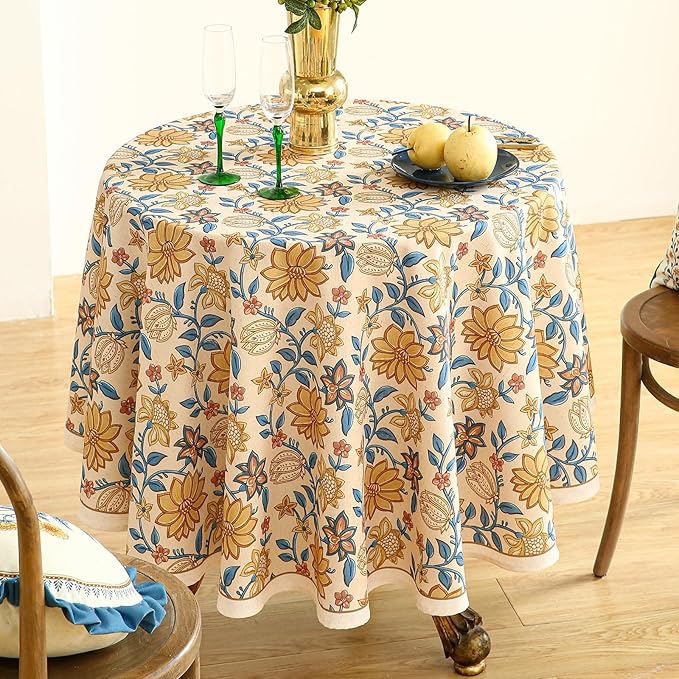 Round Tablecloth, 55 Inch Floral Linen-Blend, Wrinkle-Resistant