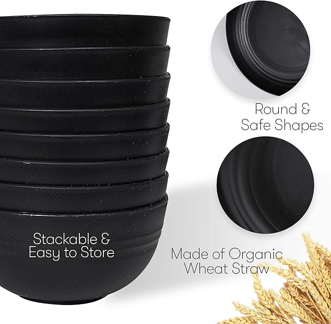 Dinnerware Set for 8, Black Wheat Straw, Round, Microwave Safe