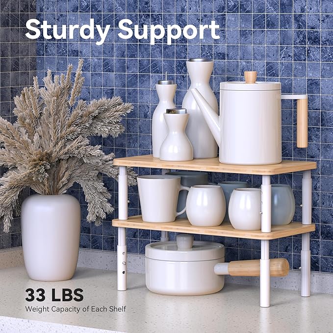 Cabinet Organizer Shelf, Spice Rack Set of 2 Kitchen Pantry Cupboard Shelves, Stackable, Height Adjustable, Natural Bamboo (15.6" Wx77.Dx6.57 H per Pack)