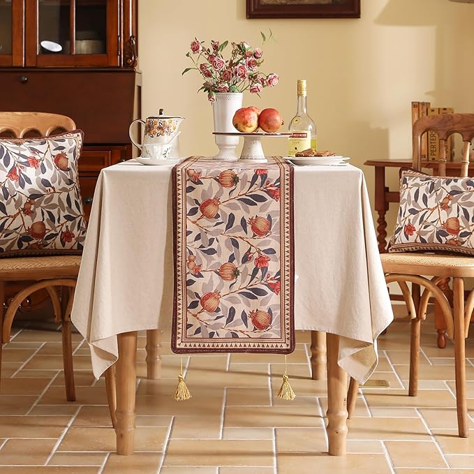 Table Runner 12x102 Inch Linen-Blend Pomegranate Floral Pattern