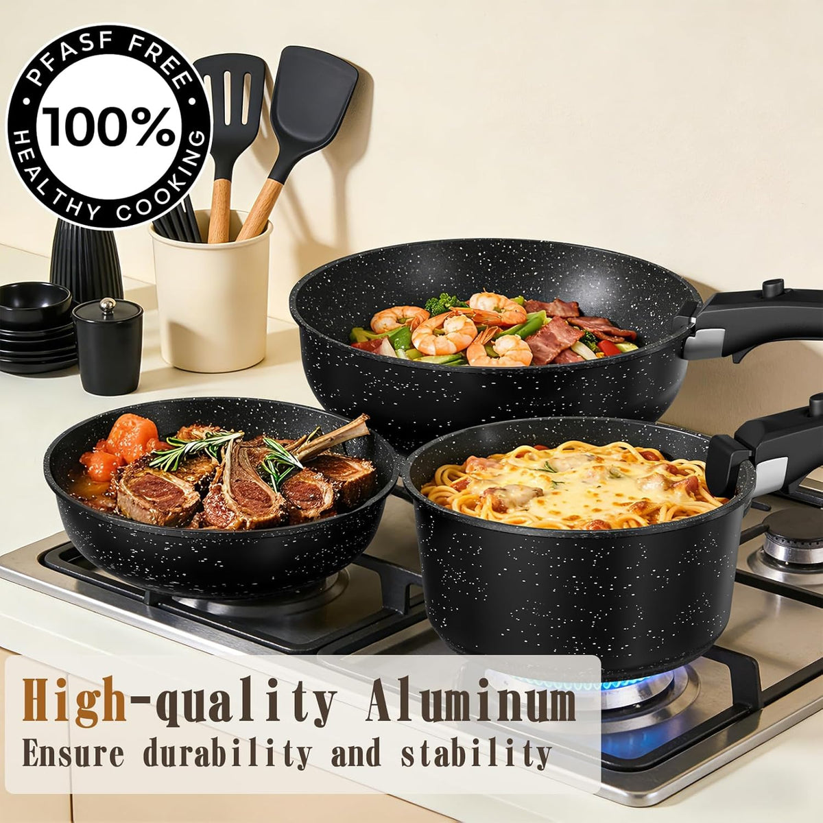 21Pcs Pots and Pans Set Non Stick, Nonstick Ceramic Cookware Sets Detachable – close-up