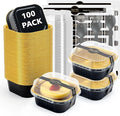 Ruckae 5oz 100 Pcs Square Mini Loaf Pans with Lids-Disposable Foil Dessert Containers,Mini Cake Pans with Lids,Aluminum Dessert Cups for Parties and Weddings (Black Gold, 5oz)