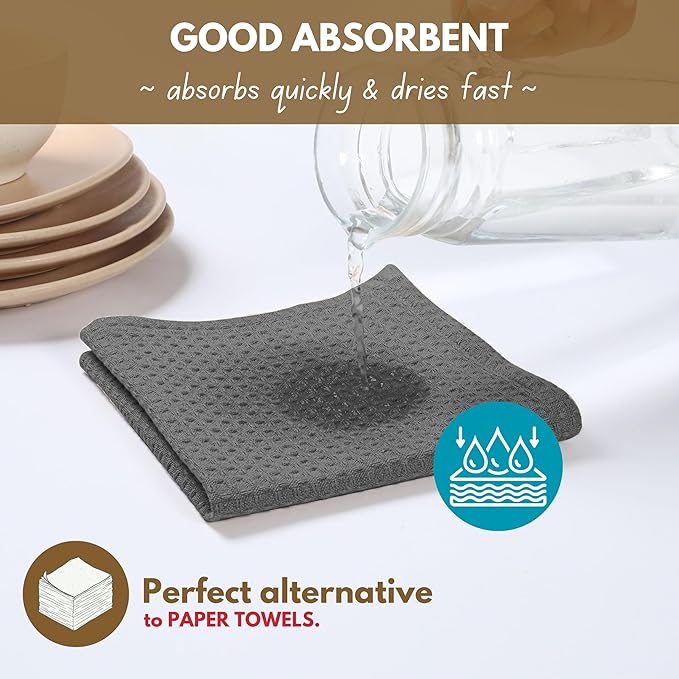 Dish Towels 4-Pack Gray Waffle Weave 100% Cotton, 16x26 Inch