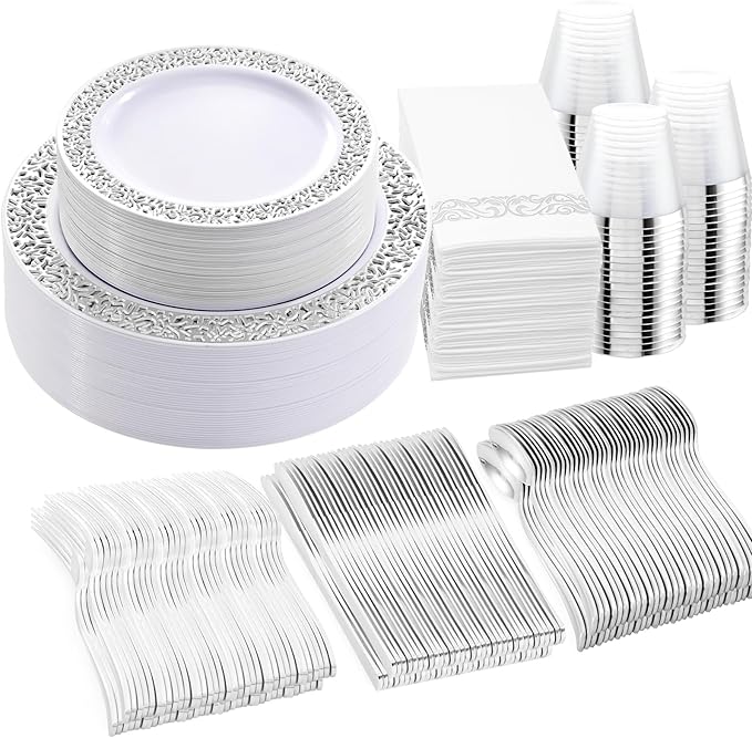 Plates for 50 Guests in Round Silver Plastic, High-Gloss Finish