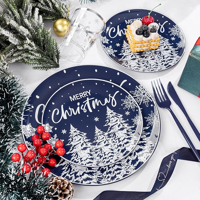 Plates Set, 150 Pieces, Blue Christmas Dinnerware with Snow Forest Design