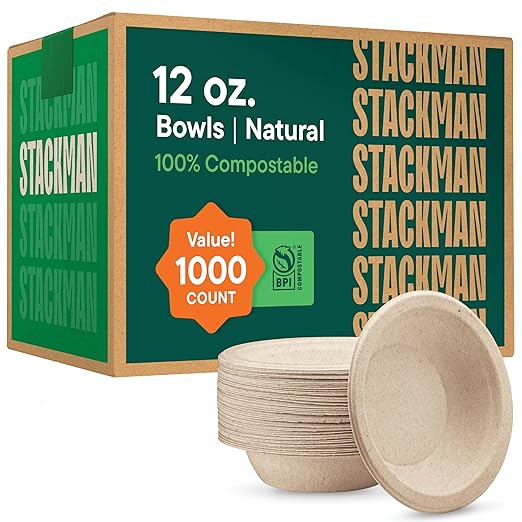 Disposable Bowls, 12 oz Compostable Sugarcane Fiber, 1000 Count