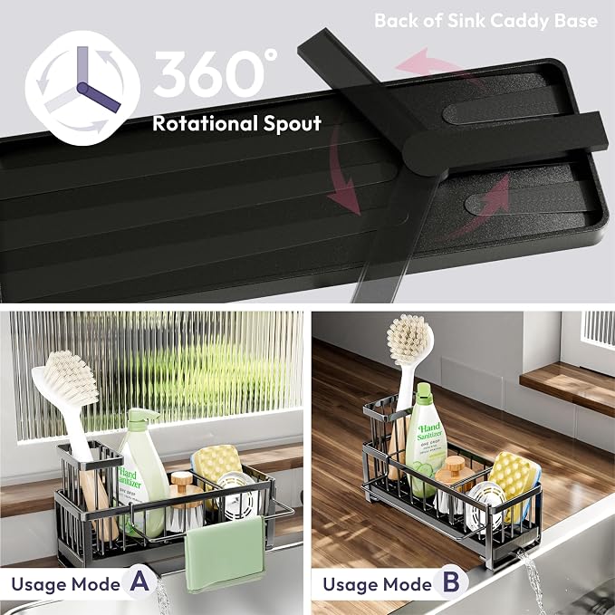 Sink Sponge Caddy with Brush Holder, 304 Stainless Steel, Black