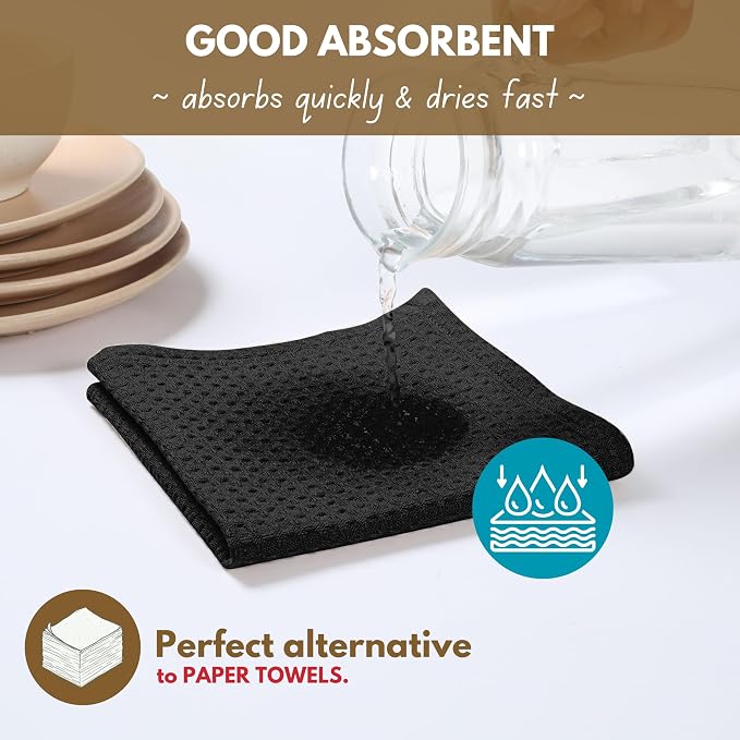 Dish Towels 4-Pack, 100% Cotton Waffle Weave, 16x26 Inches, Black