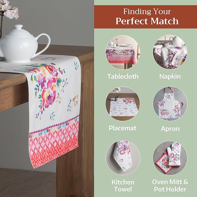 Table Runner, 100% Cotton, 14.5 x 72 Inch Double Layer, Rose Garden