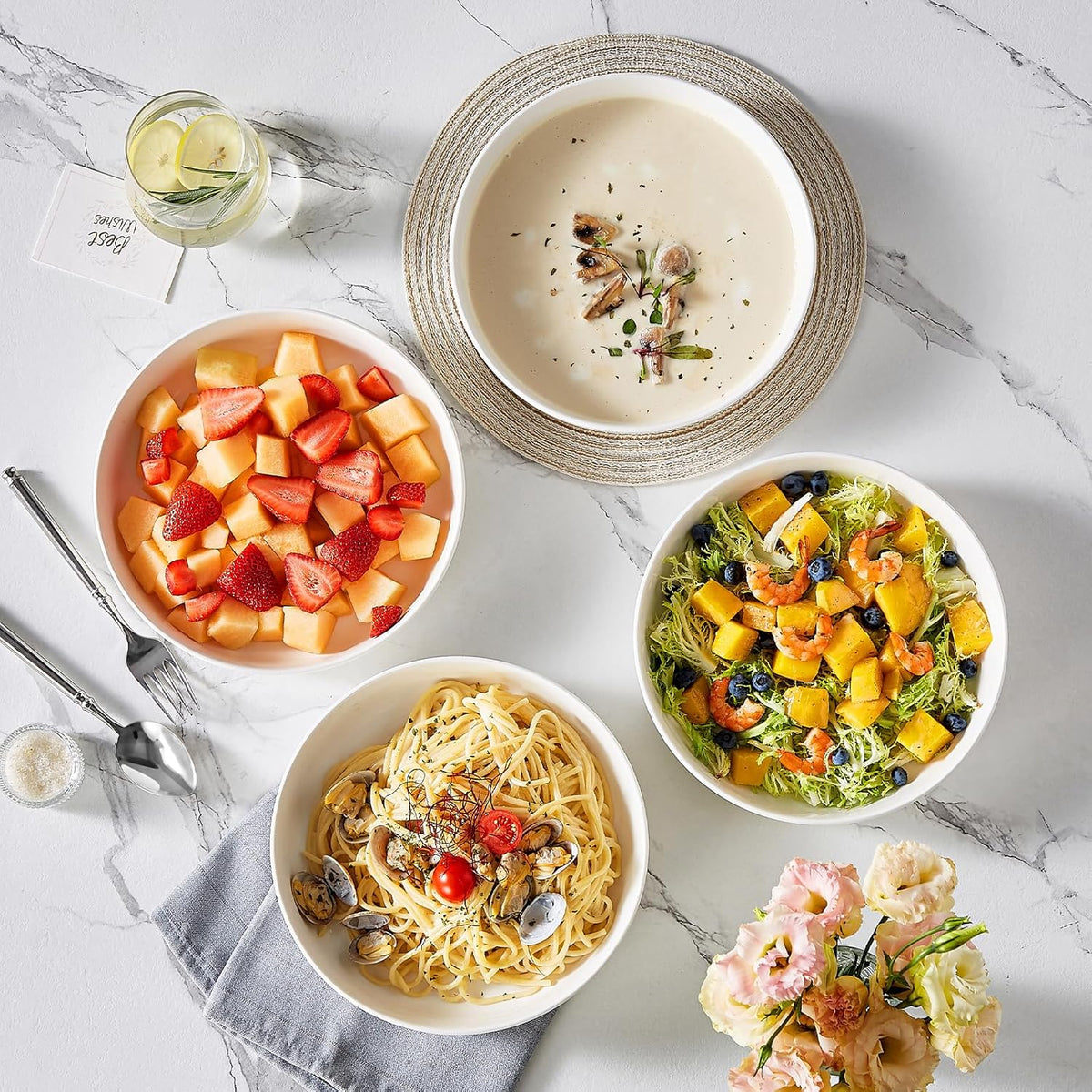 48 Oz Pasta Bowls Set of 4, Ceramic Salad Bowls, White – features