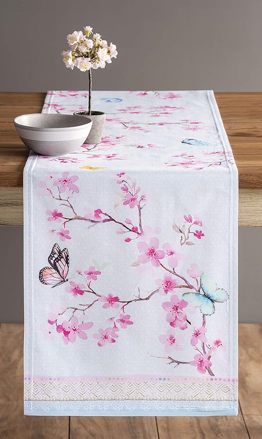 Table Runner, Cotton Double Layer, 14.5 x 108 Inches, Blossoms in Spring