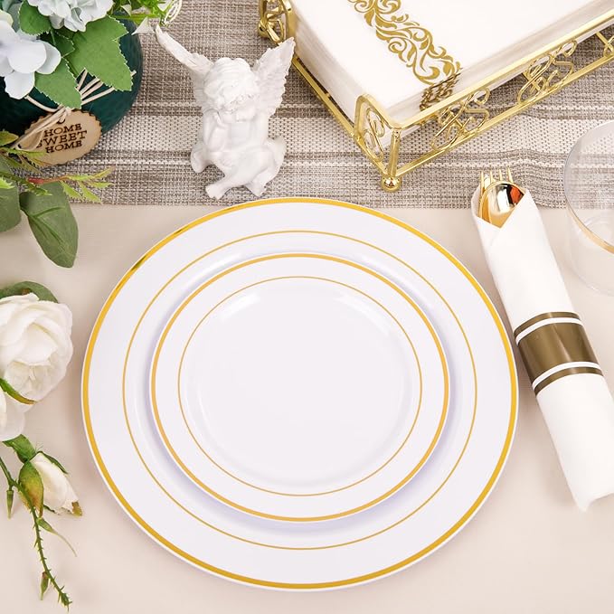 Plates Set in White and Gold Plastic, 350 Pieces for 50 Guests