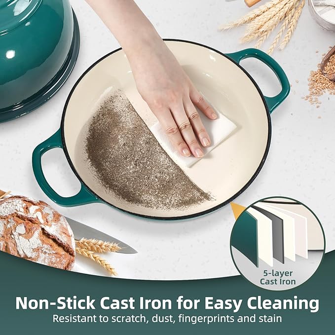 Davivy 5.5QT Cast Iron Sourdough Bread Pan with Silicone Oven Mitts, Enameled Cast Iron Bread Cloche, 10" Round Sourdough Dutch Oven with Lid, Dutch Oven for Sourdough Bread - Gradient Teal