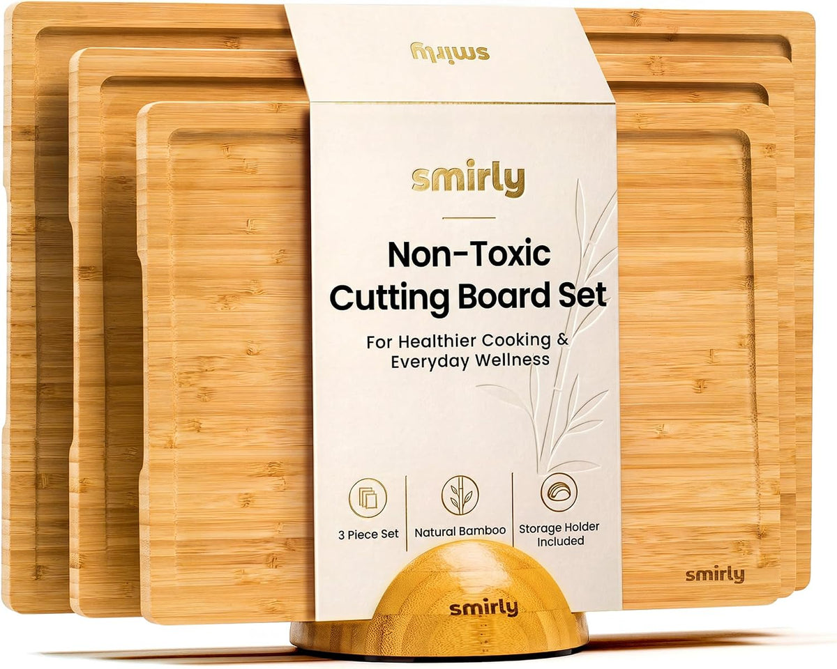 Cutting Boards for Kitchen, 3 Piece Bamboo Cutting Board with Stand
