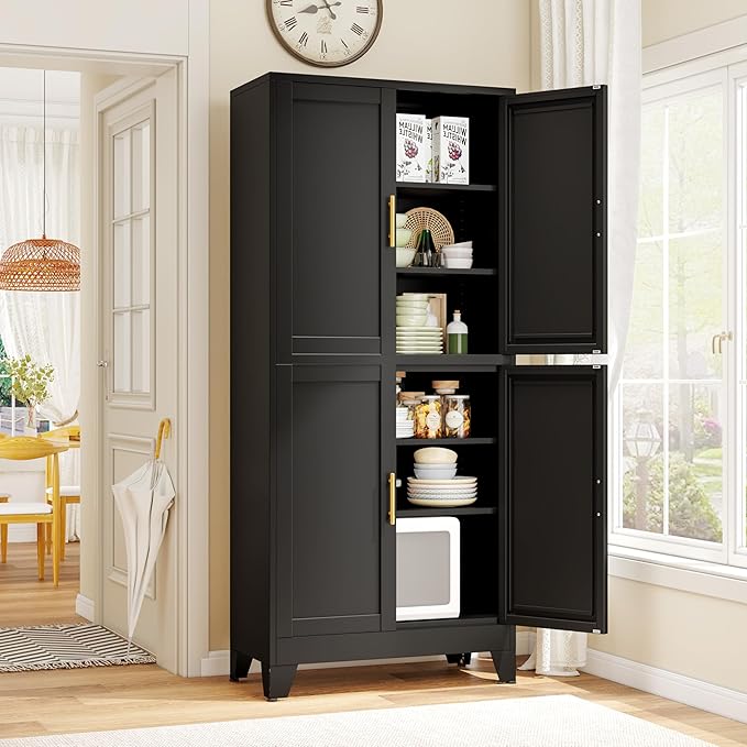 Pantry Cabinet, 75.2 Inch Tall Black Steel, 4 Doors, 4 Adjustable Shelves